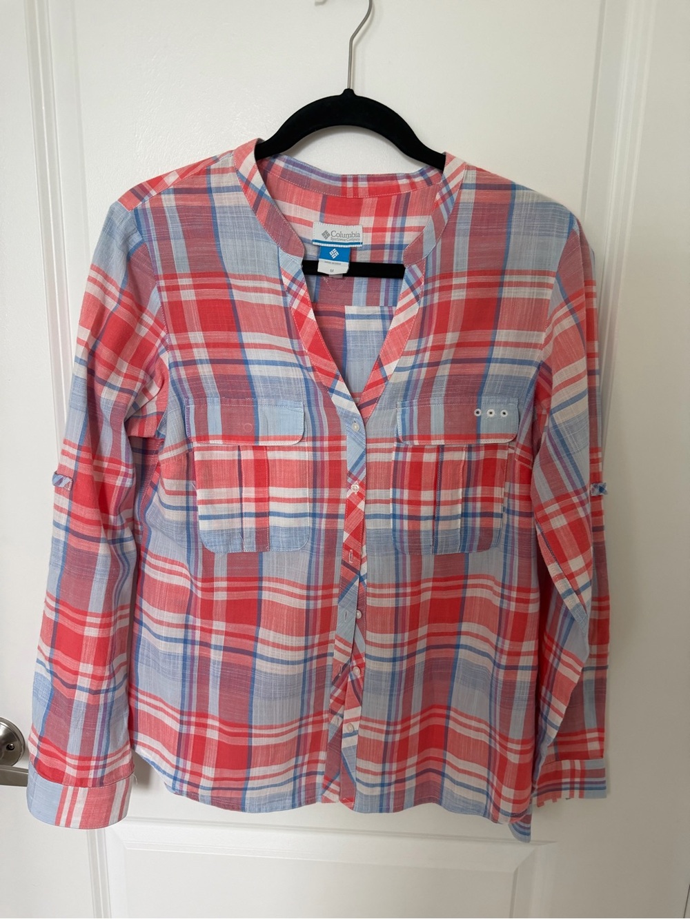 Columbia Coral and Light Blue Plaid Relaxed Button-Up Shirt